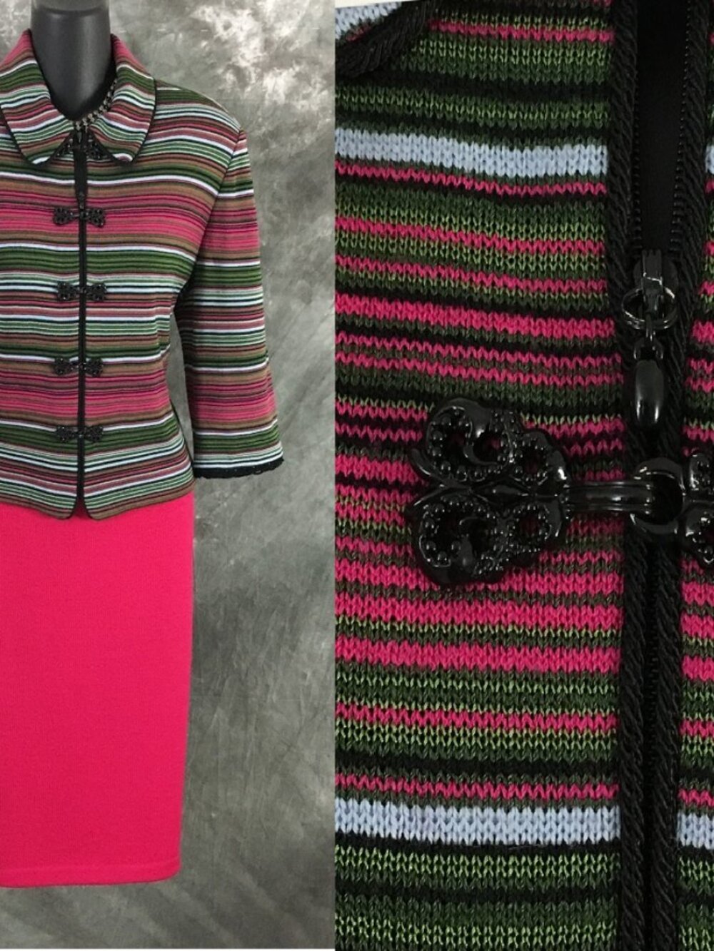 BEAUTIFUL st john collection knit pink green multi jacket skirt suit size 8